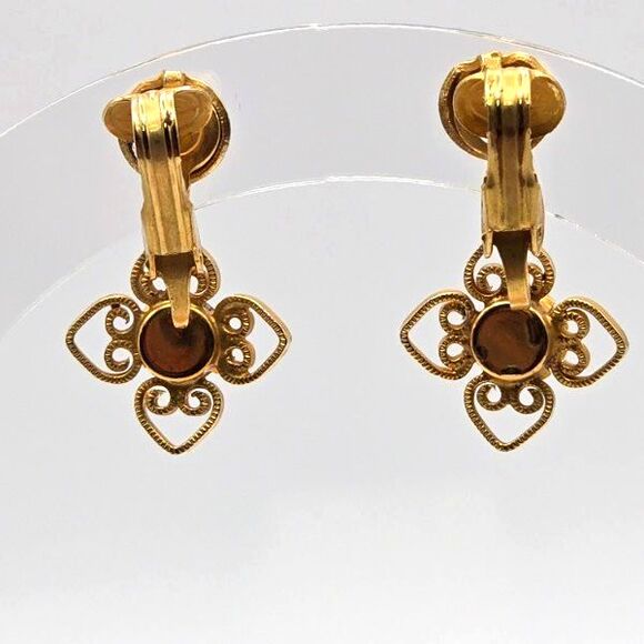 Vintage Goldtone Flower with Pale‎ Purple Rhinestone Dangle Clip On Earrings - Picture 4 of 6